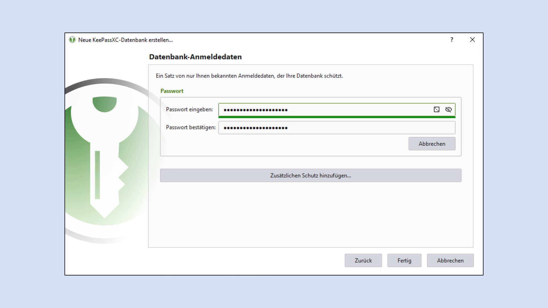 Applikation KeePass XC mit Dialogfenster «Datenbank-Anmeldedaten» und ausgefülltem Passwort.