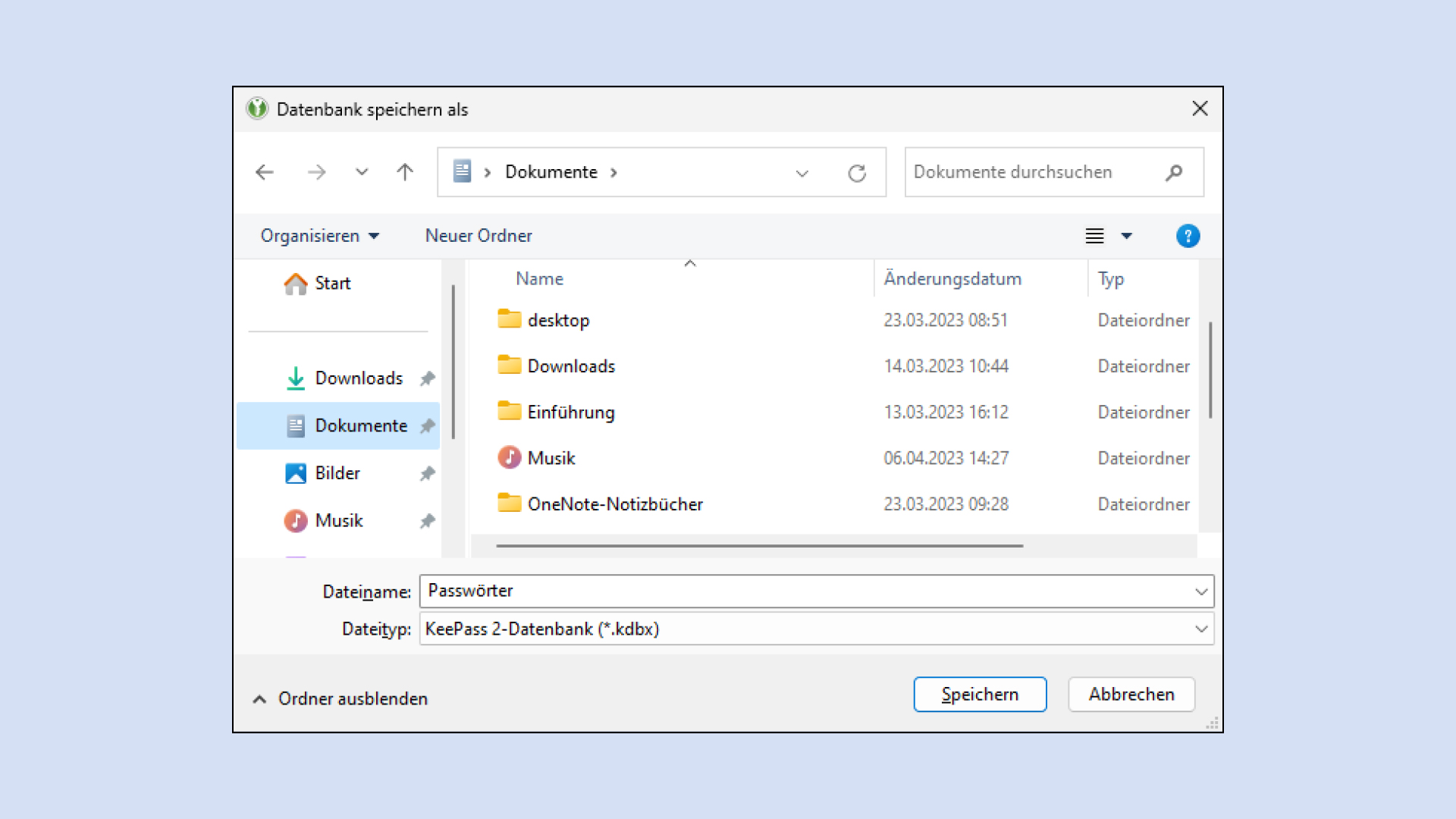 Applikation KeePassXC mit Dialogfenster «Datenbank speichern als» und ausgewähltem Ordner «Dokumente» als Speicherort.