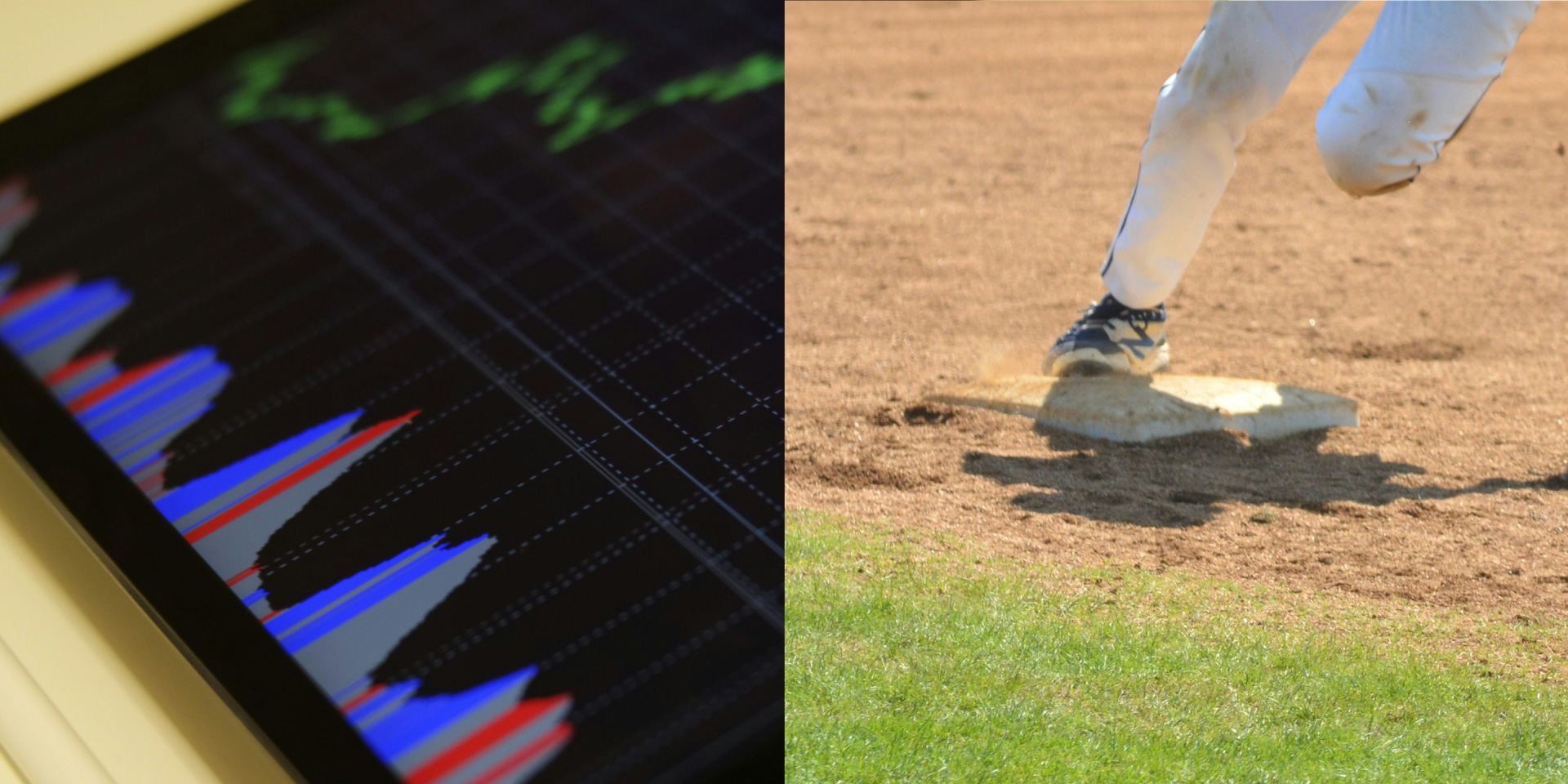 Bilderrätsel aus zwei Bilder: Linkes Bild zeigt ein Tablet mit Diagrammen; rechtes Bild zeigt eine Person die auf eine Base eines Baseballfelds rennt.