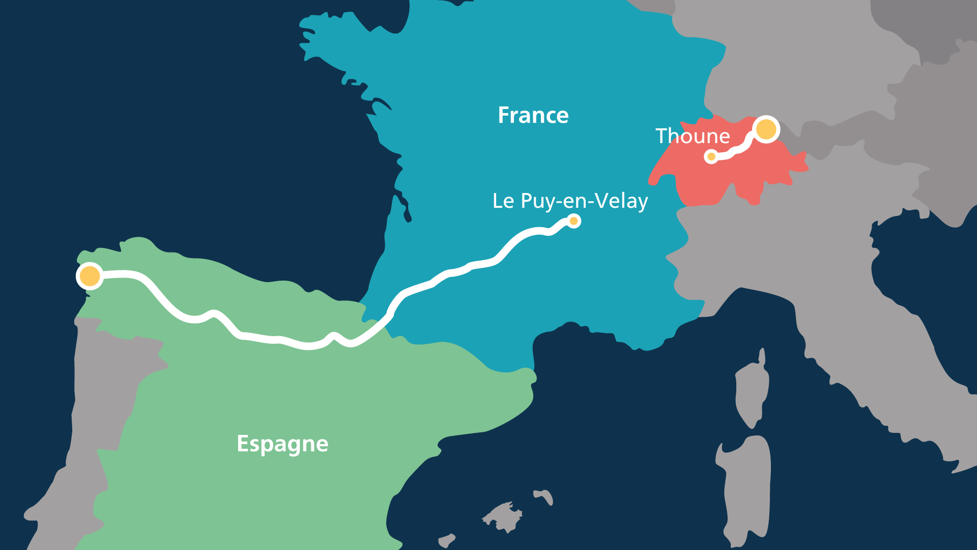 Carte d’Europe avec un itinéraire allant de Suisse en Espagne en passant par la France.